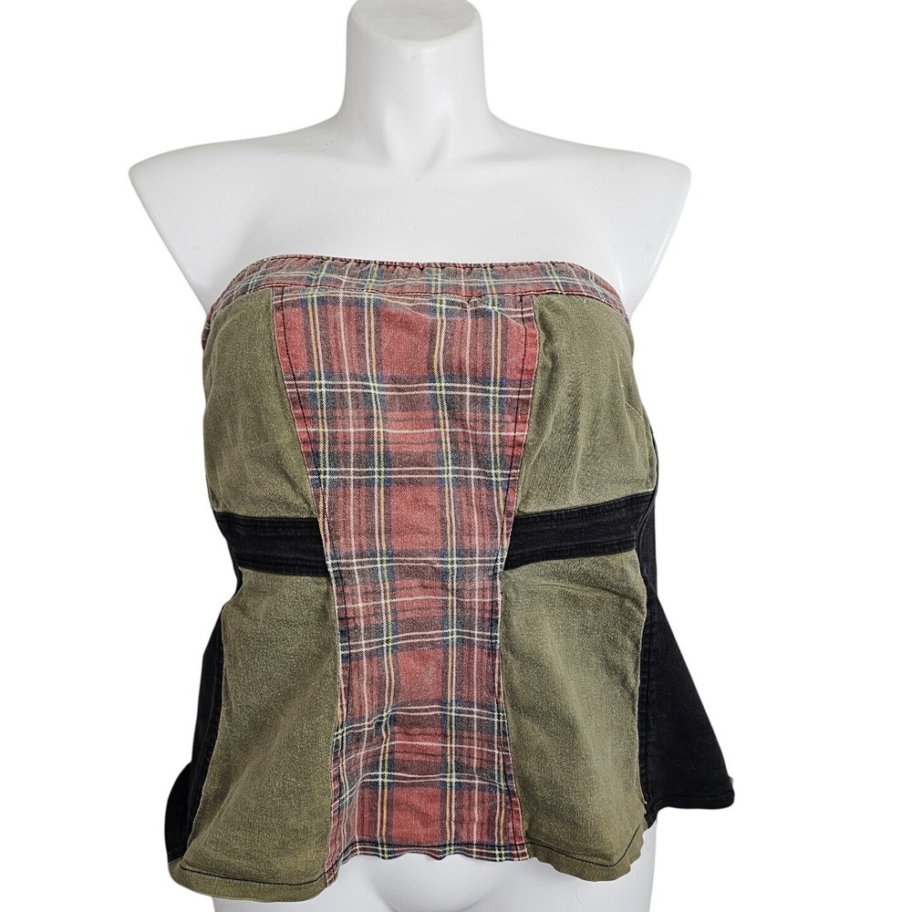 TRIPP NYC Womens‎ 3X Y2K Mall Goth Gothic Punk Plaid Patchwork Strapless Top